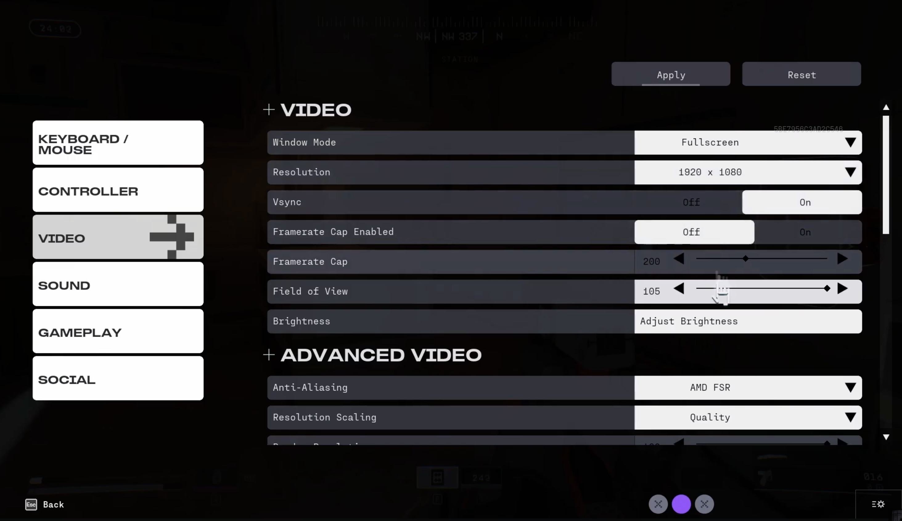 Before: the closed alpha video settings, with large category buttons and long, unlabeled lists