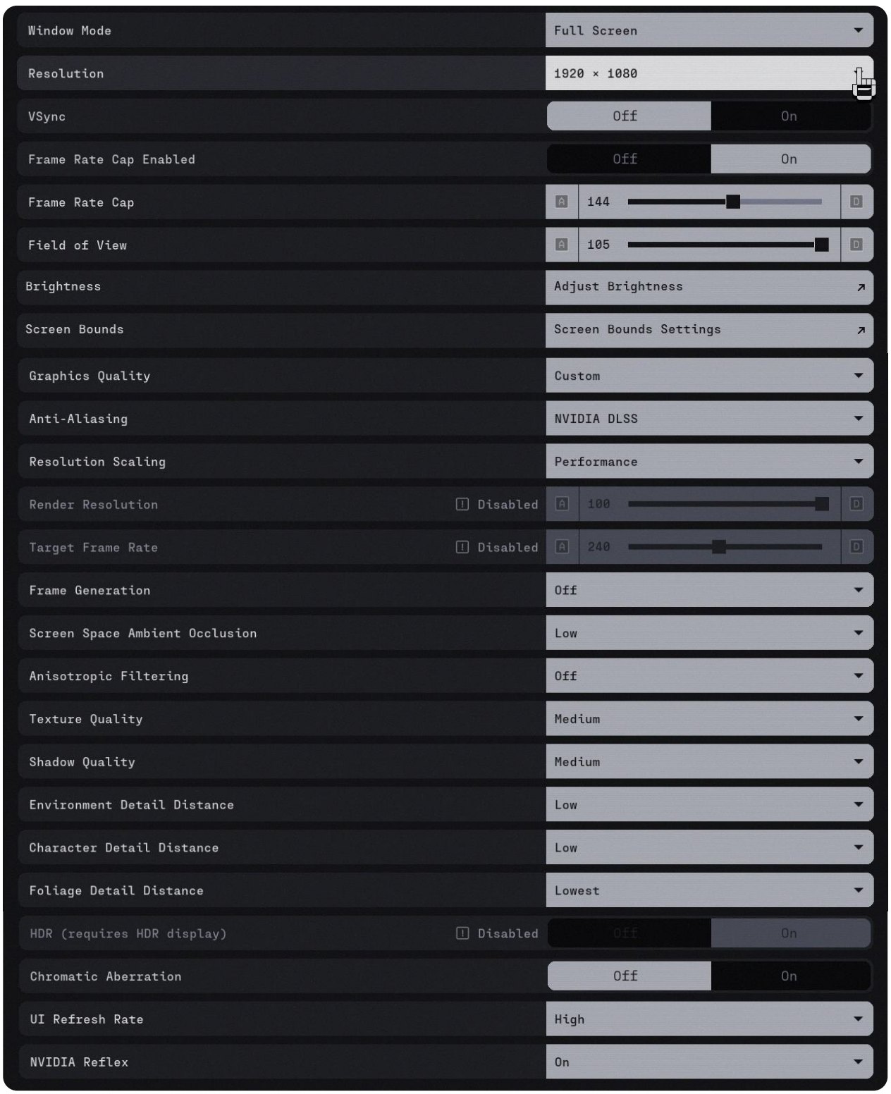 The closed alpha video settings: one long list of nearly 30 graphics options, scrolling from top to bottom