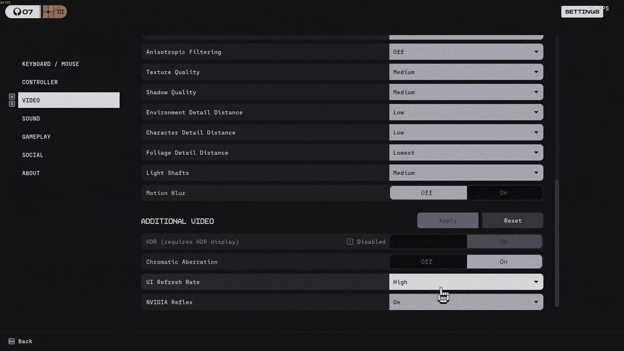 Animation: changing a setting lights up the category's Apply button with a green bar, then Apply confirms the change