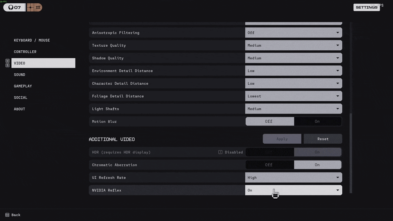 Animation: changing NVIDIA Reflex lights up the Additional Video category's Apply button, then Reset restores that category