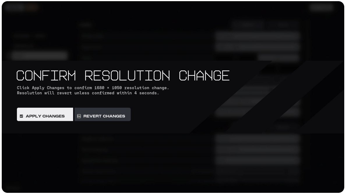 Confirm Resolution Change dialog, zoomed in on the line: Resolution will revert unless confirmed within 4 seconds