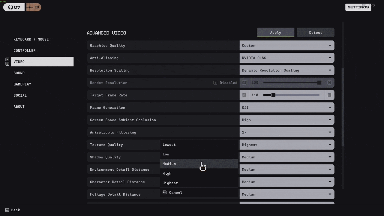 Animation: pressing Detect sets recommended values across the Advanced Video category