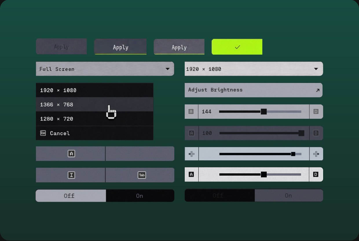 Settings components: Apply button states, dropdowns, resolution list, link-out row, sliders with key hints, key binding fields and on/off toggles