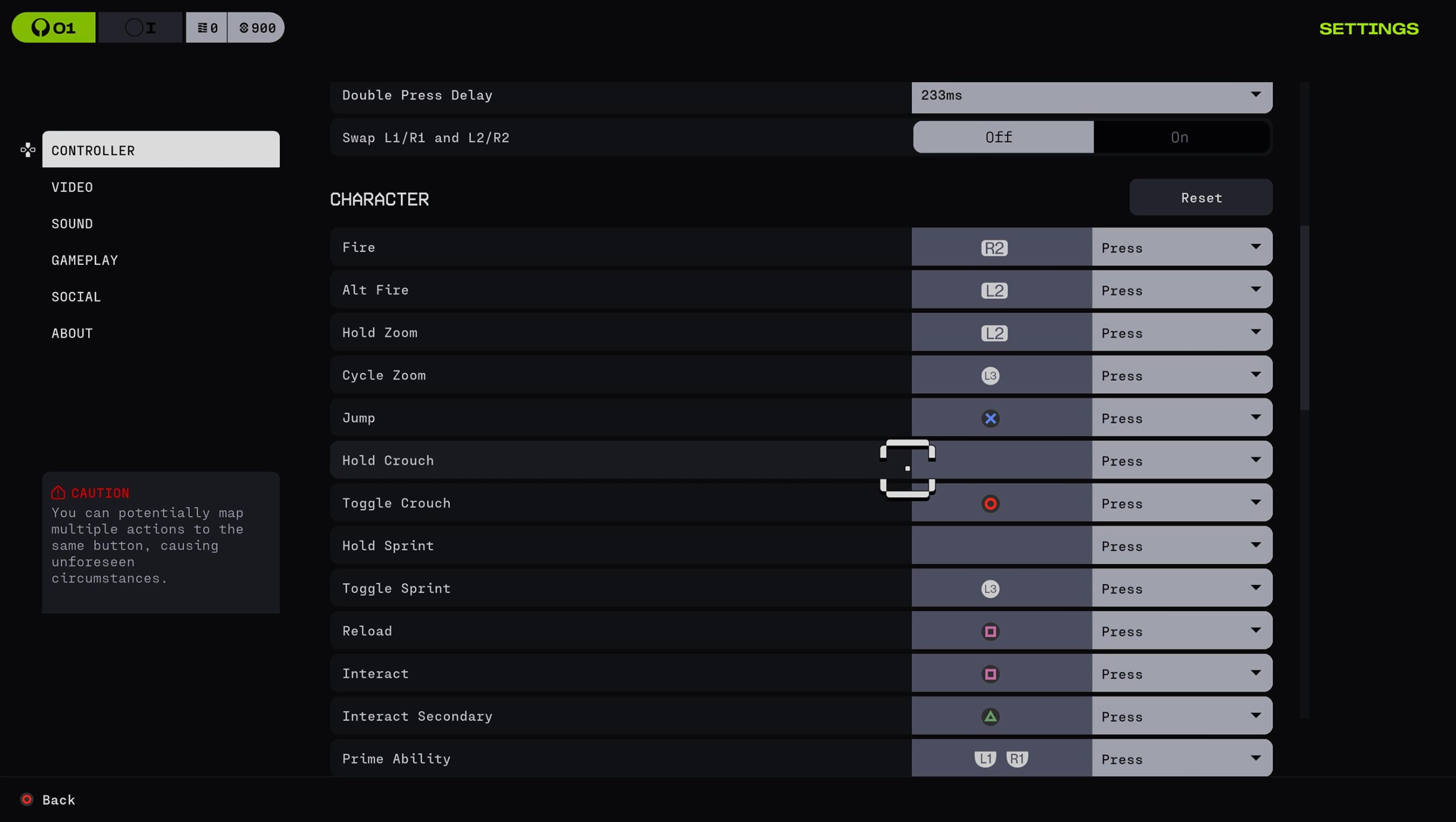 Marathon controller settings: character actions such as Fire, Jump and Reload mapped to buttons, with a caution about mapping several actions to one button