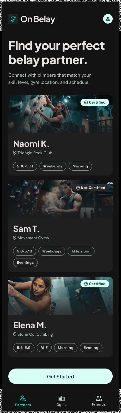 On Belay discovery screen: Find your perfect belay partner, with climber cards showing certification badges