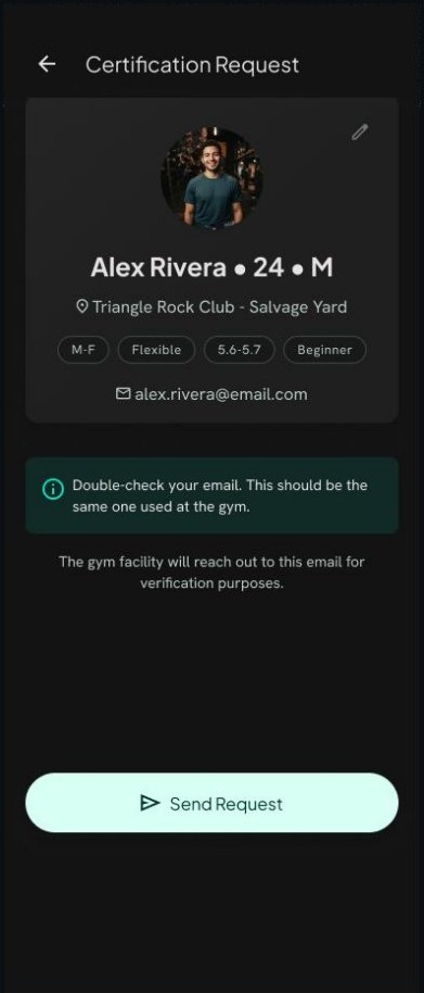 Flow B, screen 2: Certification Request with the climber's email and a Send Request button
