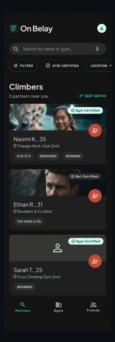 Flow C, screen 1: Climbers list with Gym Certified and Not Certified badges on each card