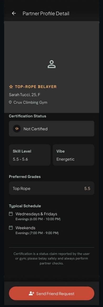 Flow C, screen 2: Partner profile showing Not Certified status, skill level, grades and schedule