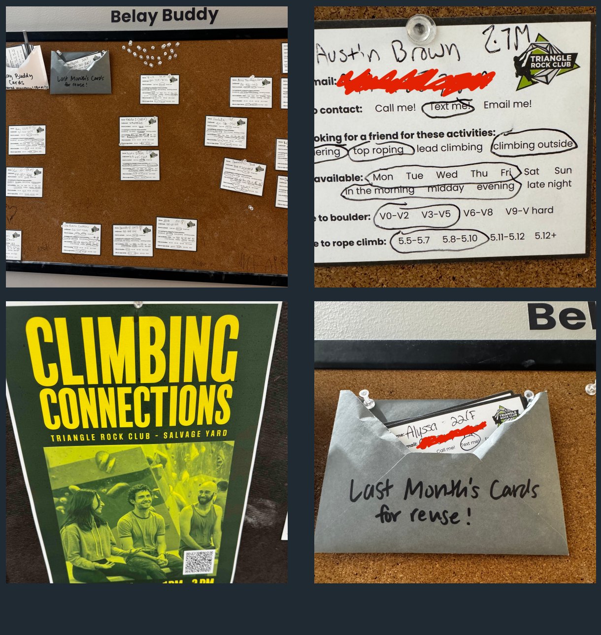 Four field photos: a Belay Buddy bulletin board, a partner card with contact details crossed out, a Climbing Connections flyer, and an envelope of old partner cards
