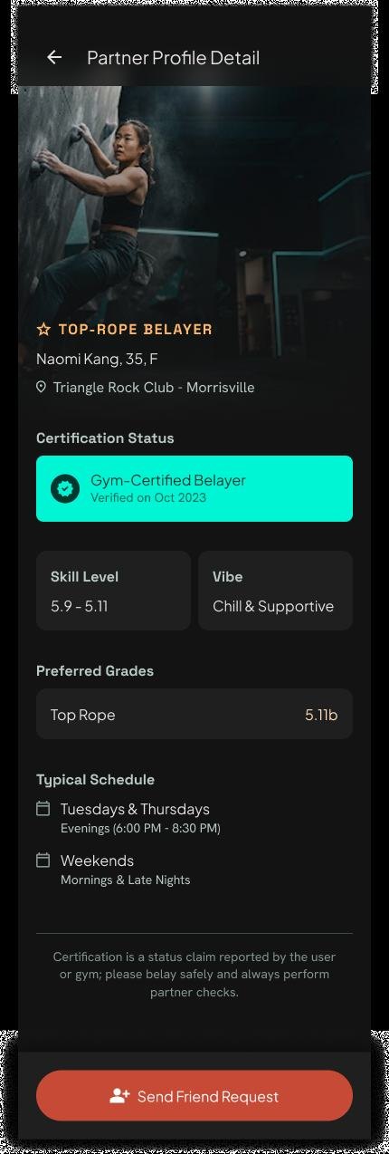 Partner profile showing a Gym-Certified Belayer status beside skill level, grades and schedule