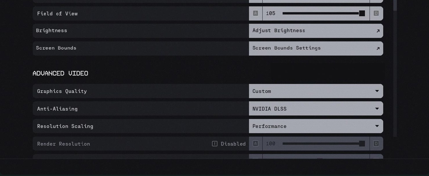 Detail of the new video settings: field of view, brightness, screen bounds and the Advanced Video category