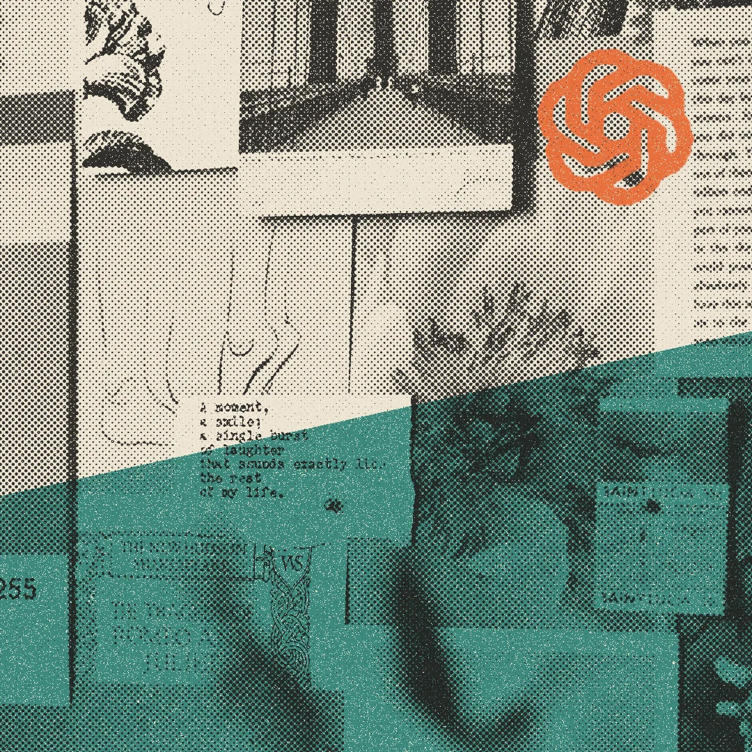 Halftone illustration of a moodboard of postcards, swatches and notes, with the ChatGPT mark in orange