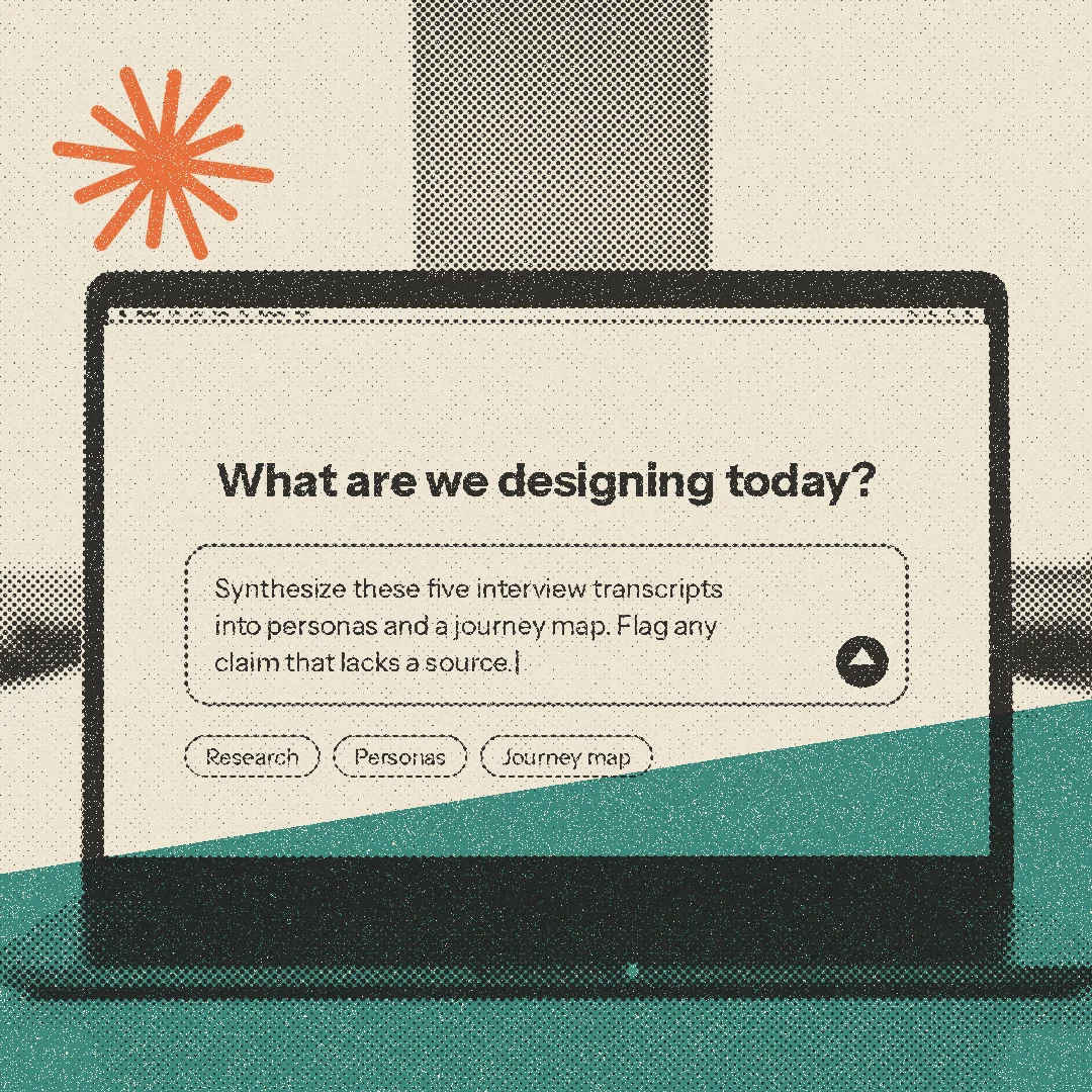 Halftone illustration of a laptop showing an AI prompt window, with the Claude mark in orange