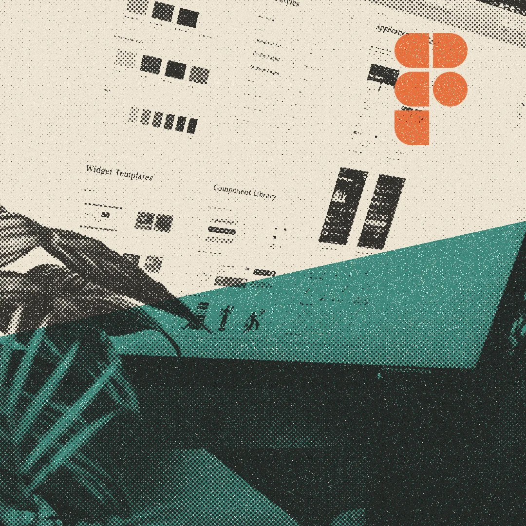 Halftone illustration of a monitor showing a design system, with the Figma mark in orange