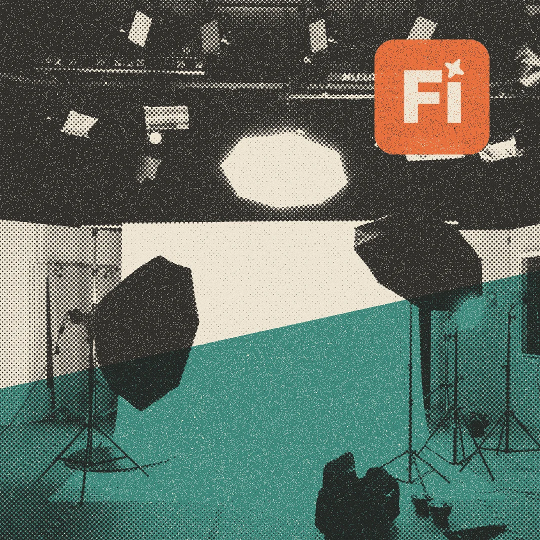 Halftone illustration of a photo studio, with the Firefly mark in orange