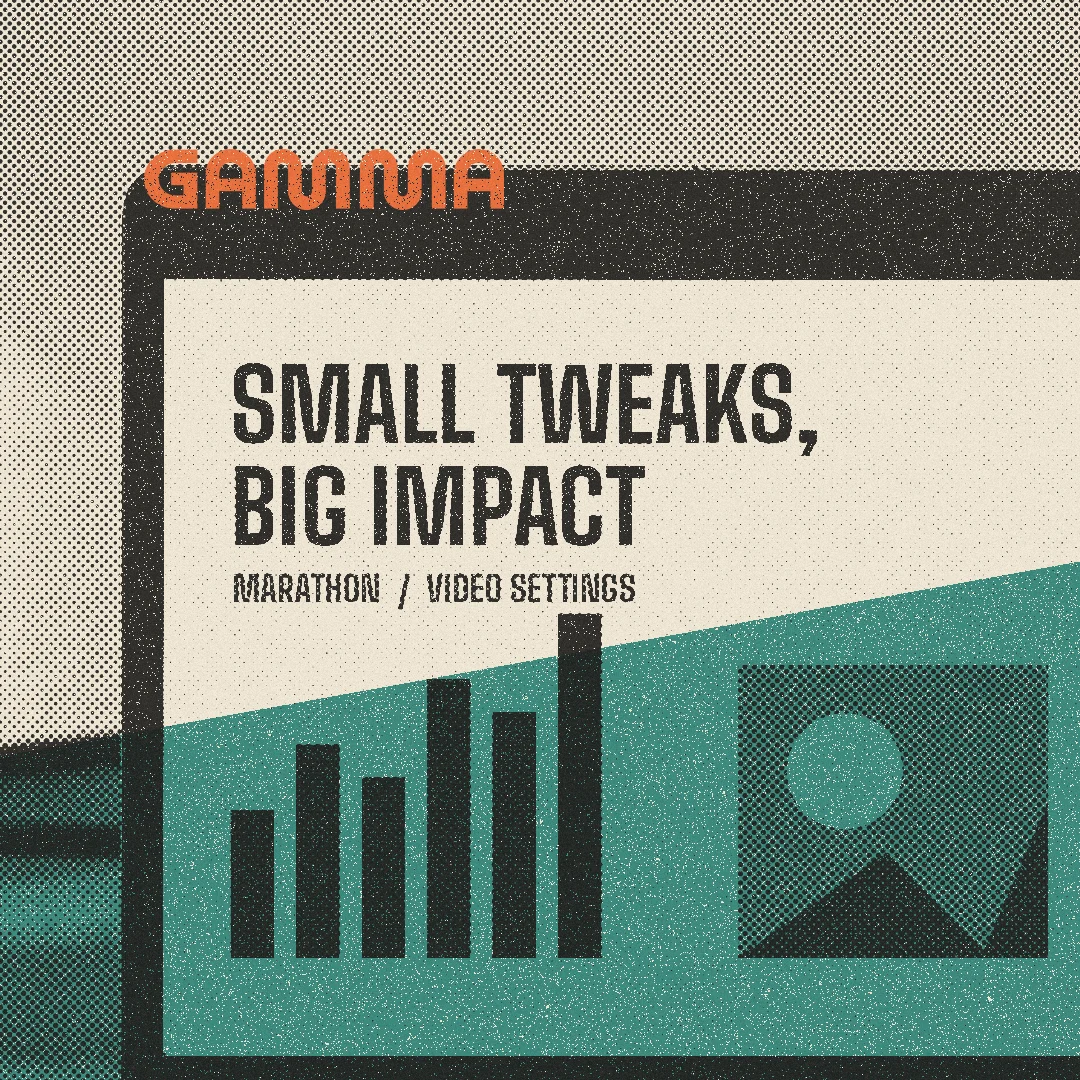 Halftone illustration of a laptop showing a case study slide, with the Gamma wordmark in orange