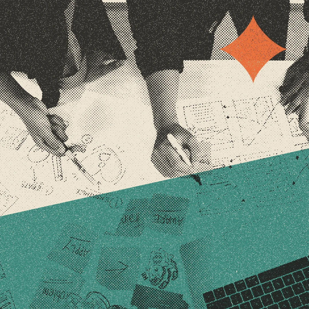Halftone illustration of hands sketching wireframes over research notes, with the Gemini mark in orange