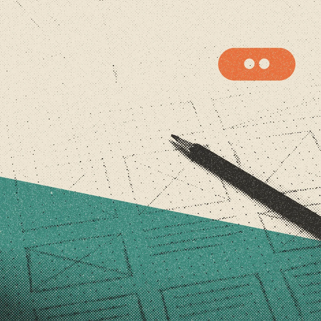 Halftone illustration of a pencil on hand-drawn wireframes, with the Stitch mark in orange