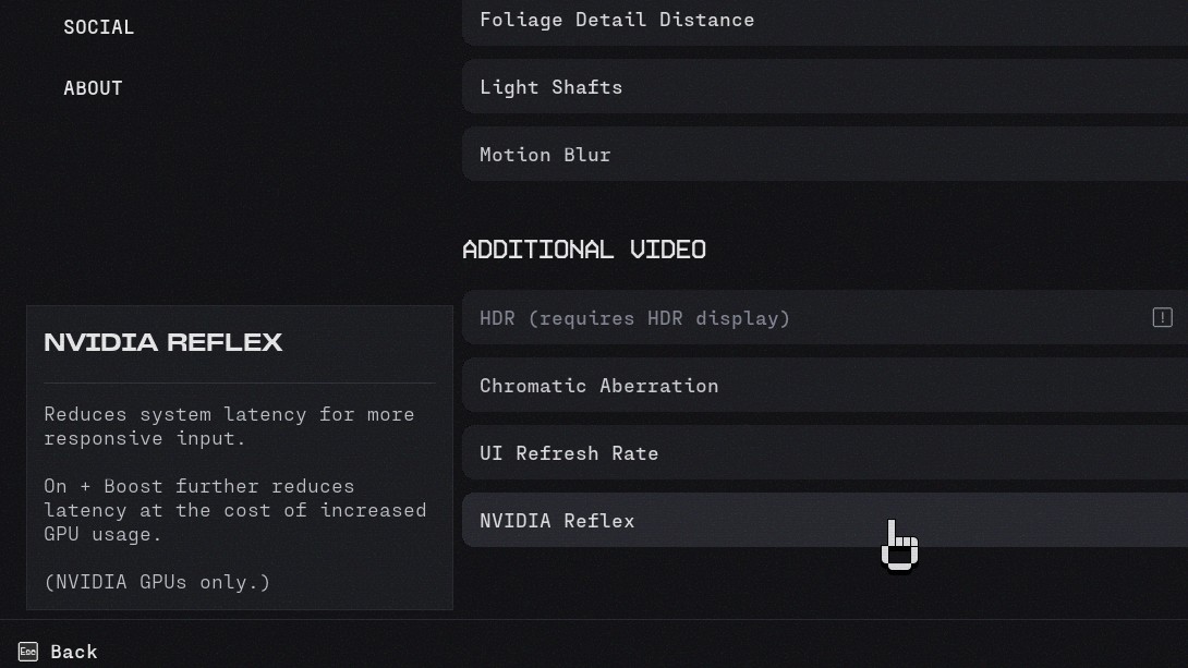 Video settings with the NVIDIA Reflex tooltip open: reduces system latency for more responsive input; On + Boost further reduces latency at the cost of increased GPU usage; NVIDIA GPUs only